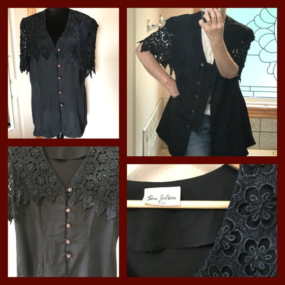 San Julian Tunic Blazer: Vintage Crocheted Lace Collar Crystal Buttons Black M - Picture 11 of 11